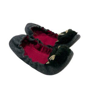 KATE SPADE Foldable Cat Slippers 8 Gray Flannel Black Pom Pom Kitty Face